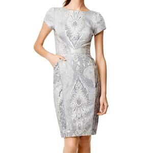 Theia Couture Silver Metallic Brocade Cap Sleeve Sheath Cocktail Dress Size 2